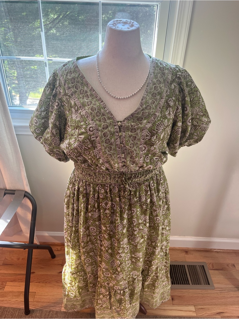 Lea-Anthropologie Olive Green Floral Maxi Dress with Smocked Waist